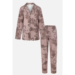 Kadın Pamuklu Kaplan Desenli Gömlek Yaka Uzun Kollu Pijama Takımı