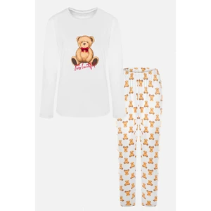 Kadın Soft Touch Pamuklu Uzun Kollu Basic Ayıcık Desenli Pijama Takımı