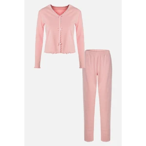 Kadın Pamuklu Dantel ve Kurdele/Fiyonk Detaylı Kaşkorse Renkli Pijama Takımı