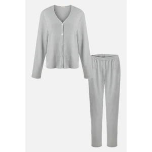 Kadın Soft Touch Kaşkorse Düğme Detaylı Pijama Takımı