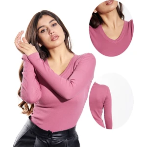 Alya Underwear Kaşkorse V Yaka Body Sweatshirt, Fitilli Kumaş, Likralı, Gül Kurusu
