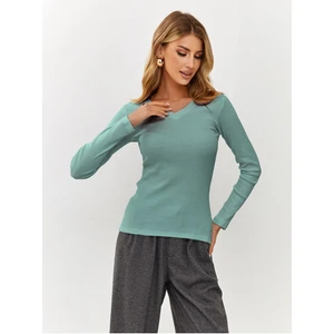 Alya Underwear Kaşkorse V Yaka Body Sweatshirt, Fitilli Kumaş Rahat Bluz, Likralı, Okaliptus Badi