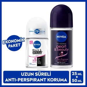 Kadın Roll-On Deodorant Pearl&beauty 50ML ve Mini Roll-On Black&white 25ML, Bakımlı Koltuk Altı