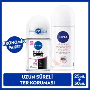 Kadın Roll-On Deodorant Powder Touch 50ML ve Mini Roll-On Black&whiteclear 25ML, Bakımlı Koltuk Altı