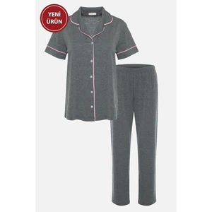 Kadın Kısa Kollu Gri Melanj Pudra Ara Biyeli Pijama Takımı