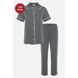 Kadın Kısa Kollu Gri Melanj Pudra Ara Biyeli Pijama Takımı