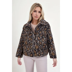 Kapak Cepli Fermuarlı Leopar Desen Ceket
