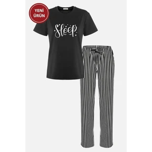 Kadın Kısa Kollu Pamuklu Çizgili Pijama Takımı