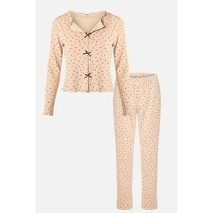 Kadın Pamuklu Çıtır Çiçek Desenli Baby Overloklu Fiyonk Detaylı Uzun Kollu Pijama Takımı