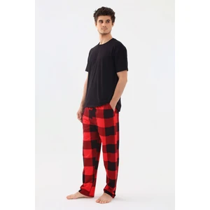 Erkek Kısa Kollu Pamuklu Kırmızı Ekose Desenli Kombinli Pijama Takımı