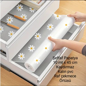 Papatya Tasarımlı Kaymaz Raf Astarı Rulosu -Mutfak, Buzdolabı & Dolaplar Için Çekmece Matı, 45 x 10