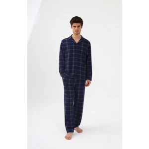Erkek Pamuklu Mavi Ekose Desenli Uzun Kollu Cep Detaylı Gömlek Yaka Pijama Takımı