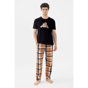 Erkek Kısa Kollu Pamuklu Ekose Desenli Ayıcık Baskılı Pijama Takımı