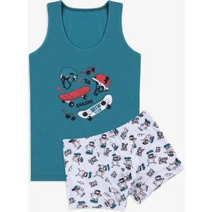 Erkek Çocuk Pamuklu Kalın Askılı Baskılı Atlet Boxer Takım