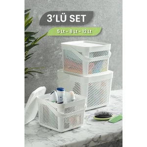 3'lü Çok Amaçlı Kapaklı Sepet - Banyo Düzenleyici Kulplu Saklama Kutusu Dekoratif Organizer 5-8-12LT