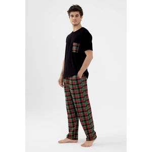Erkek Kısa Kollu Pamuklu Ön Cep Detaylı Yeşil - Kırmızı Ekose Desenli Pijama Takımı
