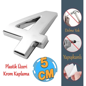 Yapışkanlı Kapı Numarası Küçük Boy 50 mm 5 cm Numara 4 Rakam Dört Sayısı Krom Renk Numaralar 1 Adet
