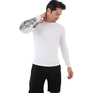 Domin Spor Erkek Uzun Kollu Beyaz Tek Kol Desenli Compression Fitness Gym Body Tshirt DMN66779