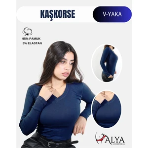 Alya Underwear Kaşkorse V Yaka Body Sweatshirt, Fitilli Kumaş, Likralı, Lacivert