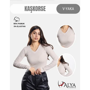 Alya Underwear Pamuklu Kaşkorse V Yaka Body Sweatshirt, Fitilli Kumaş Bluz Likralı, Ekru Badi