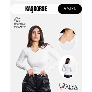 Alya Underwear Pamuklu Kaşkorse V Yaka Body Sweatshirt, Fitilli Kumaş Likralı Bluz, Beyaz Badi