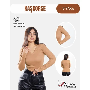 Alya Underwear Kaşkorse V Yaka Body Sweatshirt, Fitilli Kumaş Bluz Likralı Pudra Badi
