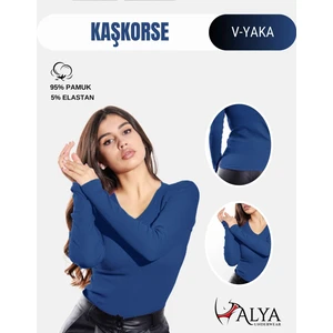 Alya Underwear Kaşkorse V Yaka Body Sweatshirt, Fitilli Kumaş, Likralı, Mavi (Indigo)