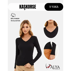 Alya Underwear Pamuklu Kaşkorse V Yaka Body Sweatshirt, Fitilli Kumaş Likralı Bluz, Siyah Badi