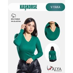 Alya Underwear Pamuklu Kaşkorse V Yaka Body Sweatshirt, Fitilli Kumaş Likralı Bluz, Çimen Yeşili Badi