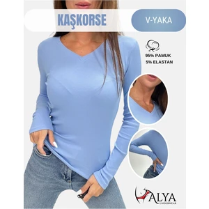 Alya Underwear Kaşkorse V Yaka Body Sweatshirt, Fitilli Kumaş, Likralı, Açık Mavi