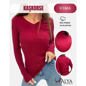Alya Underwear Kaşkorse V Yaka Body Sweatshirt, Fitilli Kumaş, Likralı, Bordo