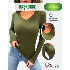 Alya Underwear Pamuklu Kaşkorse V Yaka Body Sweatshirt, Fitilli Kumaş Likralı Bluz, Asker Yeşili Badi