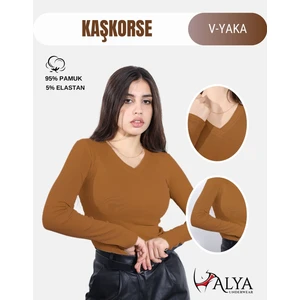 Alya Underwear Kaşkorse V Yaka Body Sweatshirt, Fitilli Kumaş, Esnek Bluz, Kahverengi Badi