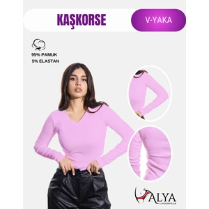 Alya Underwear Kaşkorse V Yaka Body Sweatshirt, Fitilli Kumaş Bluz Likralı, Lila Badi