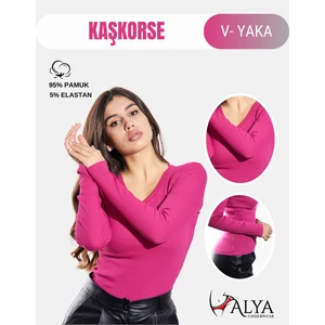 Alya Underwear Kaşkorse V Yaka Body Sweatshirt, Fitilli Kumaş, Likralı, Fuşya Melanj