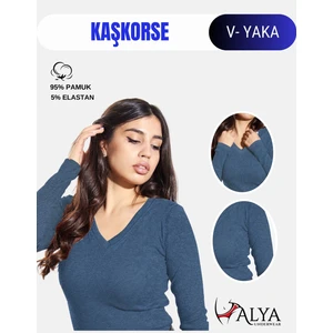 Alya Underwear Kaşkorse V Yaka Body Sweatshirt, Fitilli Kumaş Likralı Bluz Indigo Melanj Badi