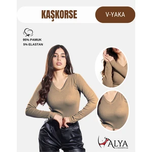 Alya Underwear Kaşkorse V Yaka Body Sweatshirt, Fitilli Kumaş, Likralı, Kahve Melanj
