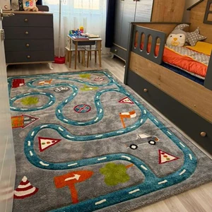 Cool Halı Cool Kids 19 Gri Mavi Çocuk Halısı Hav Vermez Yumuşak Dokulu Araba Yolu Bebek Odası Halısı