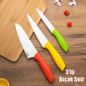 3'lü Bıçak Seti Meyve, Et Doğrama Bıçağı Şef Bıçakları Kaliteli Sağlam Bıçaklar 28 x 27.5 x 22 Sarı-Turuncu-Yeşil