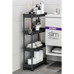 Mowo Home Slim 4 Katlı Tekerlekli Raf Ünitesi Siyah, Banyo Rafı, Mutfak Rafı, Banyo Düzenleyici