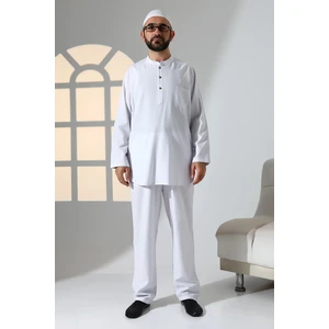 İhvan Online Erkek Tek Cepli Hakim Yaka Gömlek Pantolon Keten Ikili Takım Hac Umre Kıyafeti - Beyaz