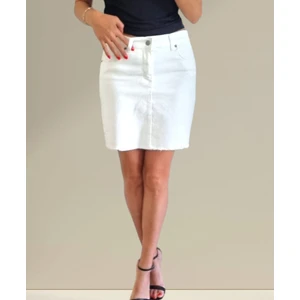 Duygu Dilsiz Kadın Beyaz Cepli Likralı Mini Kot Etek