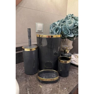Makri Home Banyo Seti 5'li,akrilik-Mermer Desenli-Çöpkovası,wc Fırçalık,sıvı Sabunluk,diş Fırçalık,el Sabunluk,gold Renk Detay