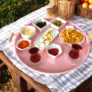 Ahşap Kulplu 50 cm Yuvarlak Metal Tepsi Kahvaltı Çay Kahve Sunum Tepsisi