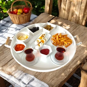 Ahşap Kulplu 50 cm Yuvarlak Metal Tepsi Kahvaltı Çay Kahve Sunum Tepsisi