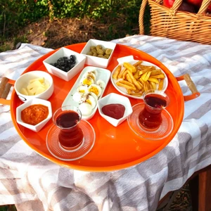 Ahşap Kulplu 50 cm Yuvarlak Metal Tepsi Kahvaltı Çay Kahve Sunum Tepsisi