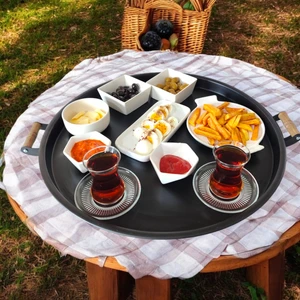 Ahşap Kulplu 50 cm Yuvarlak Metal Tepsi Kahvaltı Çay Kahve Sunum Tepsisi