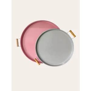 Ahşap Kulplu 2'li 50 cm ve 37 cm Yuvarlak Metal Tepsi Kahvaltı Çay Kahve Sunum Tepsisi