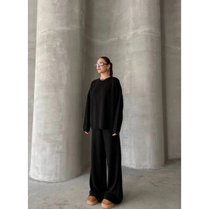 Kadın Siyah Bisiklet Yaka Beli Lastikli Geniş Paça Relax Triko Takım