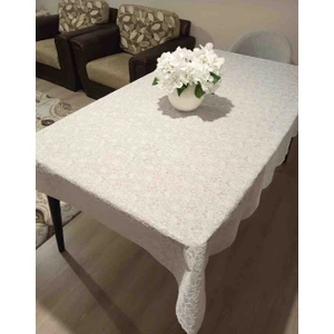 Pvc Muşamba Dantel Görünümlü Kaymaz Sıvı Geçirmez Deliksiz Mutfak Masa Örtüsü Çiçek Motifli Krem
